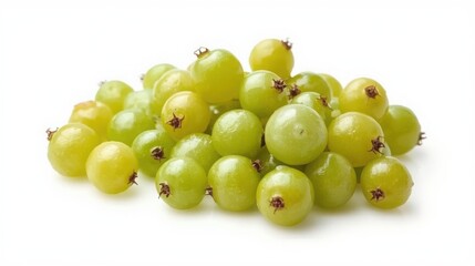 Fresh and glossy gooseberries on white background, green fruit pile, healthy snack