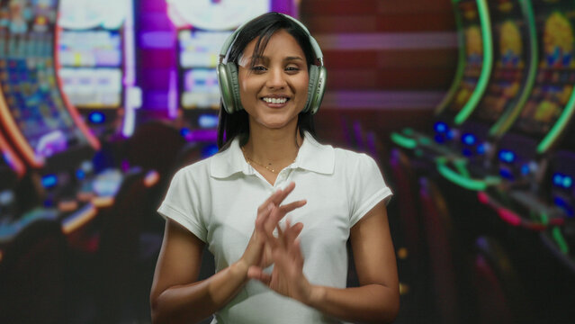 Young woman enjoying music in a casino setting with slot machines in the background, highlighting a relaxed and engaging atmosphere.