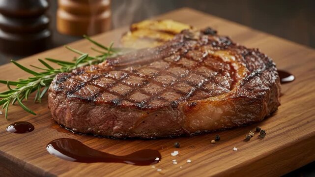 Steaming grilled steak with fresh rosemary on wooden board. Appetizing ribeye beef with sauce and seasonings. For restaurant menu.