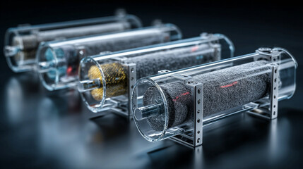 Nanofiber filtration cartridges showcasing ultra-fine capture meshes, multistage airflow routing systems, particle-specific separation layers, and reinforced housing elements