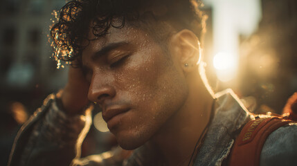Young hispanic man rubbing neck and clutching shoulder while standing on a busy city street; discomfort fatigue soreness recovery.