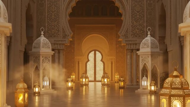 Lanterns illuminating a beautifully decorated arabic interior for Ramadan or Eid celebration with magical light