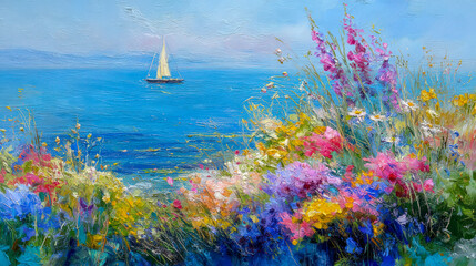 Sailboat and flowers,oil painting