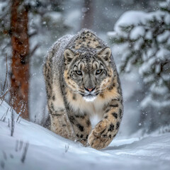 Snow leopard walking in snow