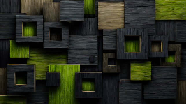 Black background with square wooden blocks in lime green abstract geometric design