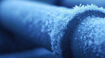 close up of frost on a gas pipe, cold condensation, blue tones, macro photography, sharp detail
