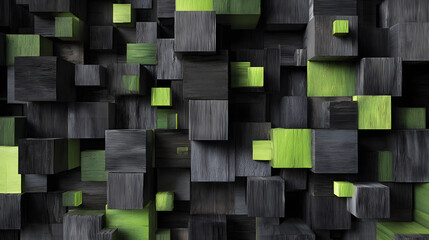 Black background with square wooden blocks in lime green abstract geometric design