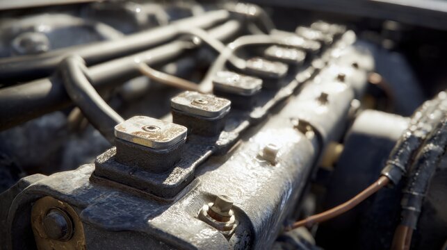 close up of an ignition coil pack, dusty engine bay, realistic textures, sunlight hitting the plastic surface