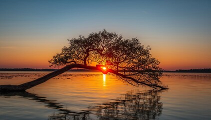 Serene Evening. Silhouette and Golden Light, Reflections on Tranquil Waters.