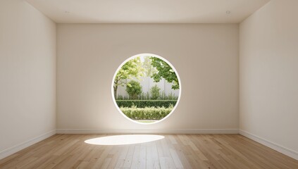 Serene Interior with Circular View Minimalist Room with Natural Light, and Greenery.