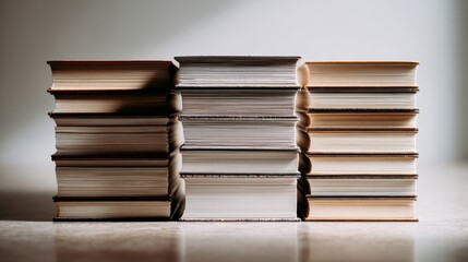 Collection of hardback books arranged in stacks for education or learning concept