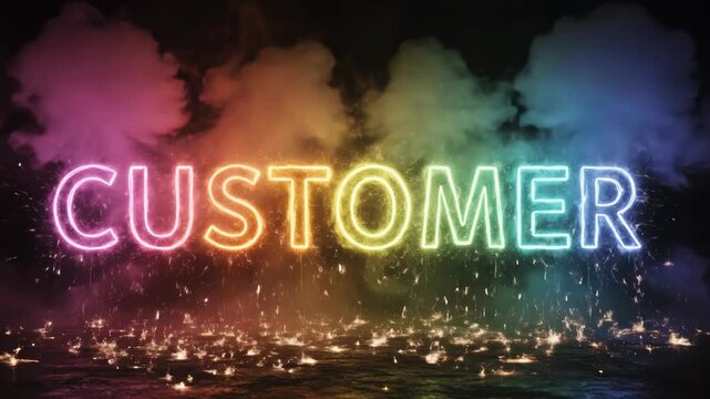 Customer word emerging from colorful smoke and fireworks on dark background. Consumer relations and service concept.