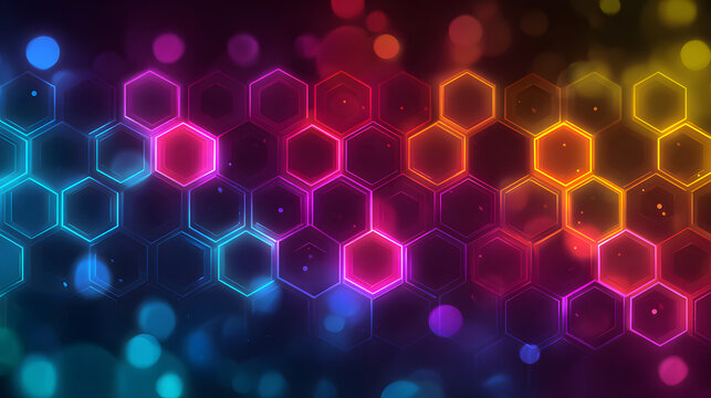 Colorful neon honeycomb background with glowing rainbow hexagons creating a vibrant atmosphere