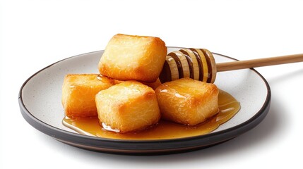 Delicious crispy golden fried tofu cubes drizzled with sweet honey served on a simple ceramic plate with a honey dipper stick for dipping or drizzle