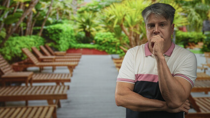 Man middle aged grey hair with hand on chin and crossed arms on a resort pool deck beside wooden...