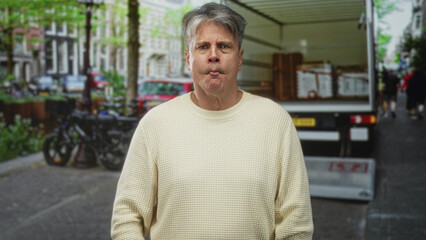 Man puckers lips with visible face and cream sweater in front of open moving truck on street;...
