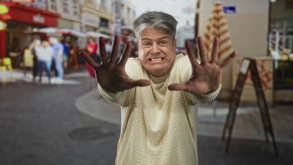 Man grimacing with hands out, palms forward shielding face while reaching toward camera on a busy...