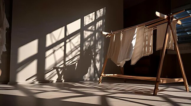 A wooden clothing rack with neutral clothes in a sunlit room, where dappled light casts an intricate shadow pattern on the floor