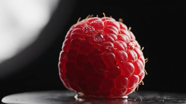 Close up of a single ripe raspberry with water droplets on a dark background.