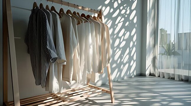 A wooden clothing rack with neutral clothes in a sunlit room, where dappled light casts an intricate shadow pattern on the floor