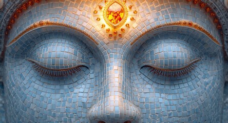 Serene Mosaic. A Study in Texture, Color, and Form Depicting a Meditative Facial Expression.