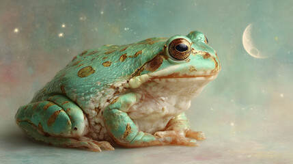 Green frog on the pastel background. 29 february leap year day concept