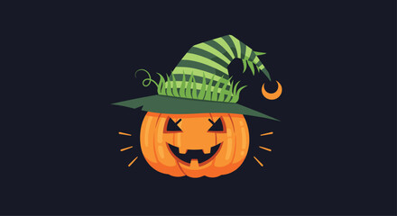 A cheerful Halloween jack-o'-lantern wearing a whimsical green striped witch hat with grass and a crescent moon.