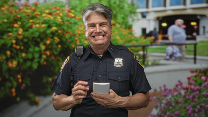 Police officer man writing in notepad at building entrance, smiling and holding radio while showing...