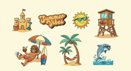 Fototapeta premium Summer Beach Vacation Elements Cartoon Set