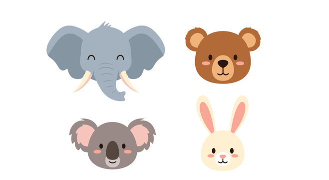 Adorable set of cartoon animal faces featuring an elephant, brown bear, koala, and bunny rabbit, isolated on white background.