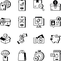 Pack of Online Shopping Outline Style Icons 