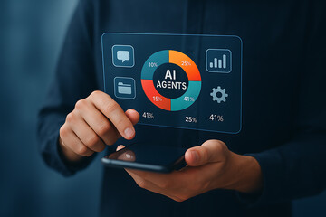 AI agents analytics panel with professional businessman using smartphone showing graph statistics and automation control interface