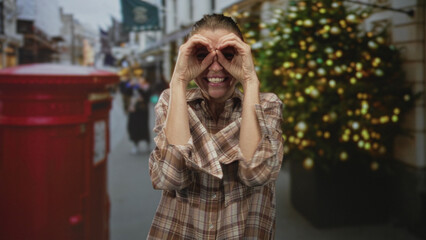 Woman smiling with hands raised by red postbox on busy city street near a decorated christmas tree and shopfronts; holiday joy celebration family.