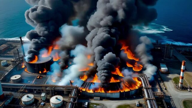 Massive fire burning at an offshore oil refinery near the sea, thick smoke rising to the sky, bright orange cinematic 4k.