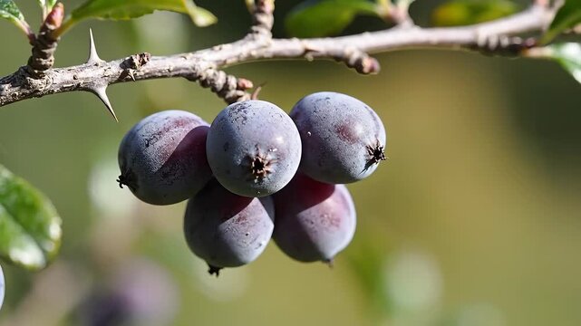 Closeup of ripe sloe berries on a thorny branch in natural light.