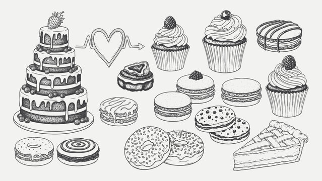 Delicious desserts and cakes with cupcakes and pastries Vector, illustration