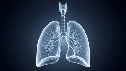 A glowing blue X-ray style rendering of the human respiratory system, showing the trachea and lungs with intricate bronchial tree structures.