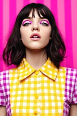 Vibrant Checkered Fashion Portrait: Bold Pink Background and Eye Makeup