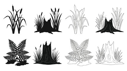 Black and white botanical illustration featuring reeds ferns and tree stumps © Nasima