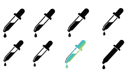 A collection of dropper bottles with one highlighted in vibrant blue and green