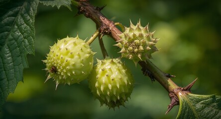 Obraz premium Spiky Green Spheres on a Branch Natures Defense, CloseUp Botanical Still Life.