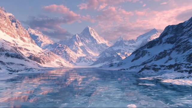 Majestic mountains and frozen lake reflect the colors of the sky during sunset in a winter landscape