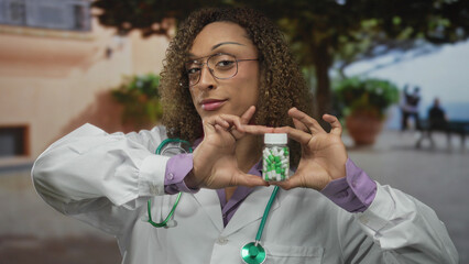 Woman doctor holds pill bottle with both hands near stethoscope on city street; compassion trust...