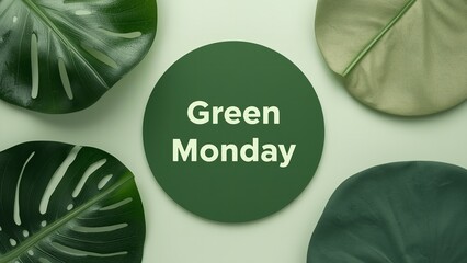 A creative graphic design featuring large green leaves and a dark green circle with the words Green Monday written in white text.