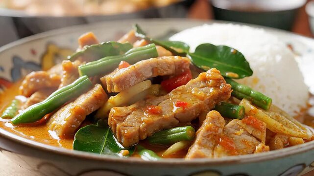 Delicious Thai Red Curry with Pork and Green Beans Served with Steamed Rice.