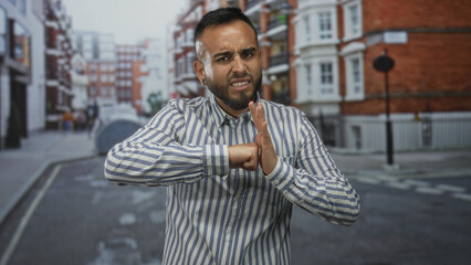 Man blocking with fist and palm on street, grimacing in striped shirt, young hispanic outdoors; annoyance refusal.