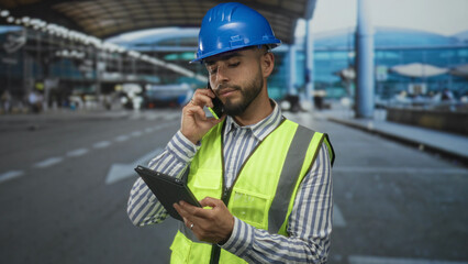 Man engineer in blue hardhat and vest holding tablet and talking on phone at busy airport terminal...