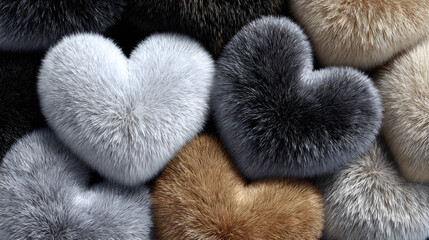 Pattern of hearts made from colorful fur textures arranged artistically on a black background