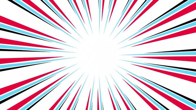 Abstract sky blue red black lines loop Retro Cartoon Comic colorful anime manga background, radial speed lines glowing motion design of line arrows shine speed loop video clip, white backdrop bg 