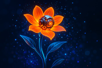 Cybernetic flower with neon petals and robotic core symbolizing fusion of technology and natural futuristic innovation